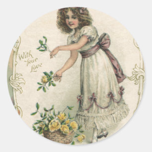 Adesivo Redondo Dia de os namorados Vitoriano Vintage, Garota com 