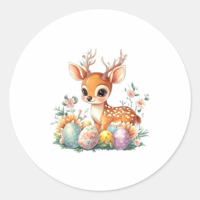 Adesivo Redondo Dia de Páscoa, Fofa Kawaii Bebê Cervo Com Flores & (Frente)