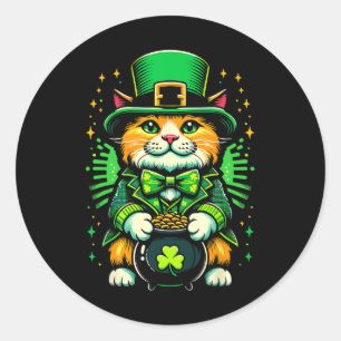 Adesivo Redondo Dia de São Patrício Cat Leprechaun Cat Irish Shamr