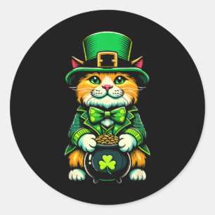 Adesivo Redondo Dia de São Patrício Cat Leprechaun Cat Irish Shamr