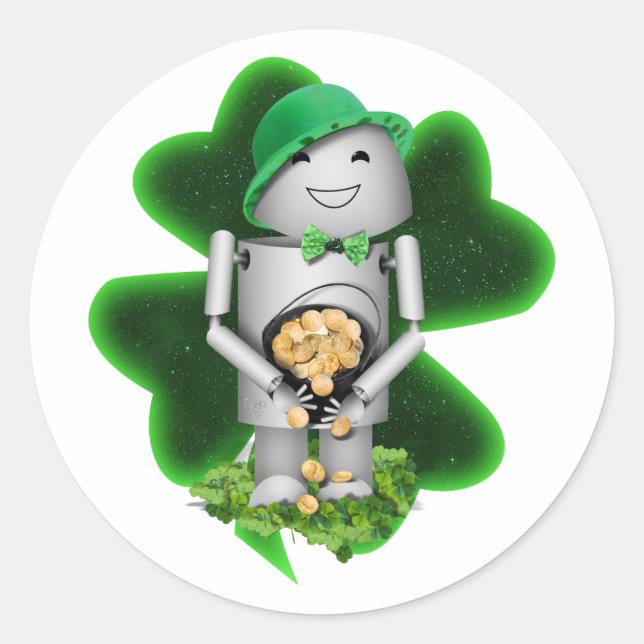 Adesivo Redondo Dia de São Patrício do Robô Leprechaun (Frente)