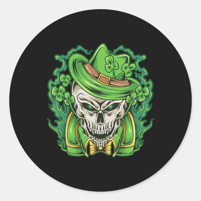 Adesivo Redondo Dia de São Patrício Leprechaun Skull Shamrock (Frente)