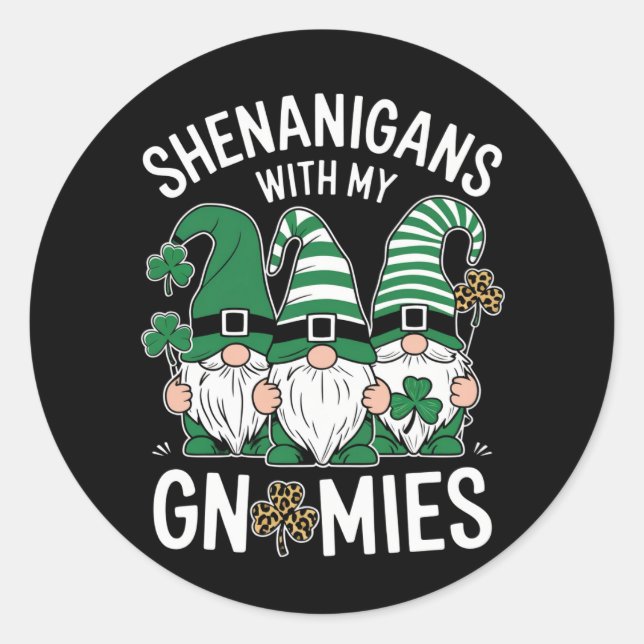 Adesivo Redondo Dia de São Patrício Lucky Shamrock Leopard Gnomos (Frente)