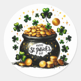 Adesivo Redondo Dia de São Patrício Verde-Design Pote de Shamrocks
