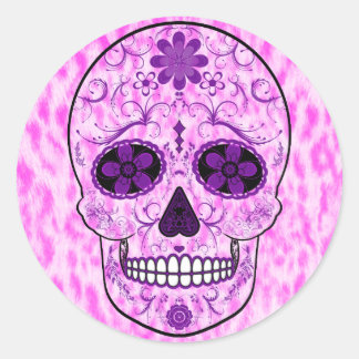 Adesivo Redondo Dia do Crânio do Açúcar Morto - Rosa e Roxo
