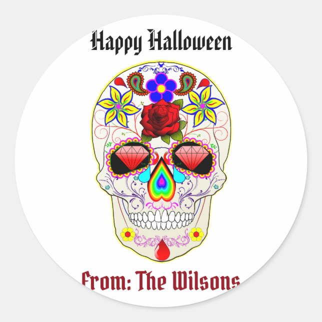 Adesivo Redondo Dia do Halloween do Crânio de Açúcar Personalizado (Frente)
