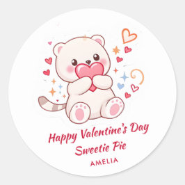Adesivo Redondo Dia do Namorados Bonito com Urso Kawaii e Corações
