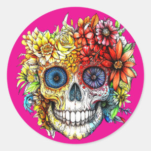 Adesivo Redondo Dia dos Mortos da Catrina Calavera com Flores
