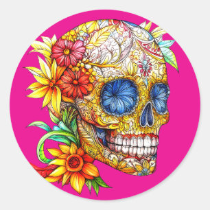 Adesivo Redondo Dia dos Mortos Floral Catrina Calavera