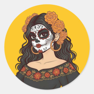Adesivo Redondo Dia dos Muertos da Catrina Marigolds Morta