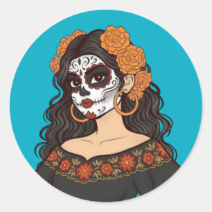 Adesivo Redondo Dia dos Muertos da Catrina Marigolds Morta