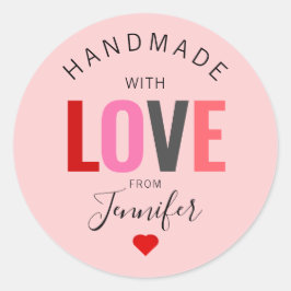 Adesivo Redondo Dia dos Namorados Feito à Mão Com Amor Rosa Vermel