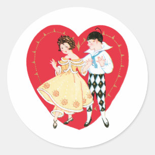 Adesivo Redondo Dia dos namorados, menina, Harlequin e coração d