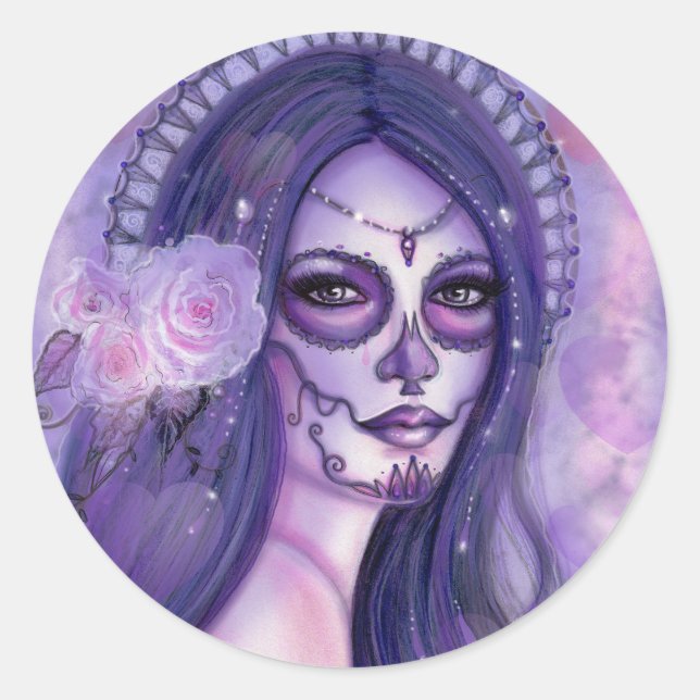 Adesivo Redondo Dia dos rosas roxos mortos e borboletas Renee (Frente)