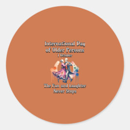Adesivo Redondo Dia Internacional dos Idosos. Divertido.