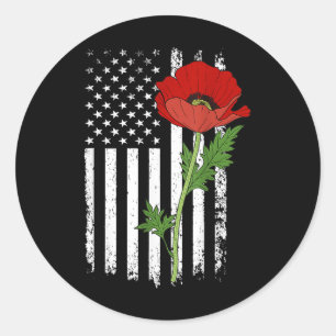 Adesivo Redondo Dia Memorial Red Poppy American Flag Veteran Milit
