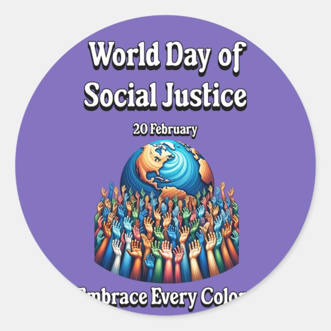 Adesivo Redondo Dia Mundial da Justiça Social. Abrace Cada Cor. (Frente)