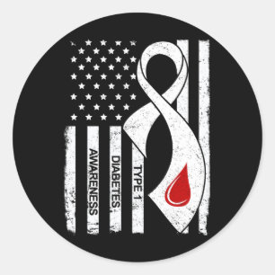 Adesivo Redondo Diabetes Vintage Cinza Ribbon American Flag Tipo 1