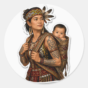 ADESIVO REDONDO DIAK MÃE E BEBÊ TRIBAL BORNEO ARTE