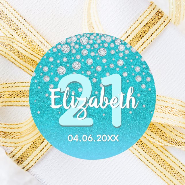 Adesivo Redondo Diamante aniversário de 21 anos azul-lacrimejante (Criador carregado)