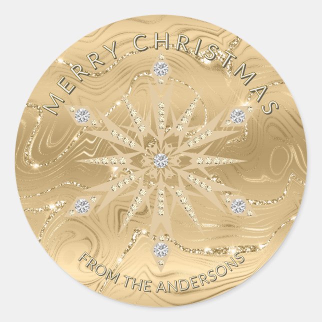 Adesivo Redondo Diamante de Floco de Neve Dourado de luxo (Frente)