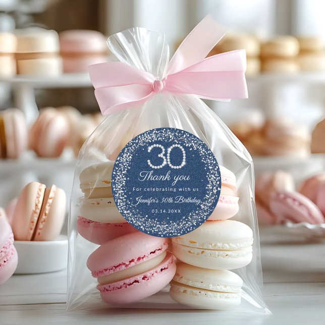 Adesivo Redondo Diamantes e aniversário de 30 anos de Denim Obriga (Diamonds and denim 30th Birthday Party Thank you Stickers)