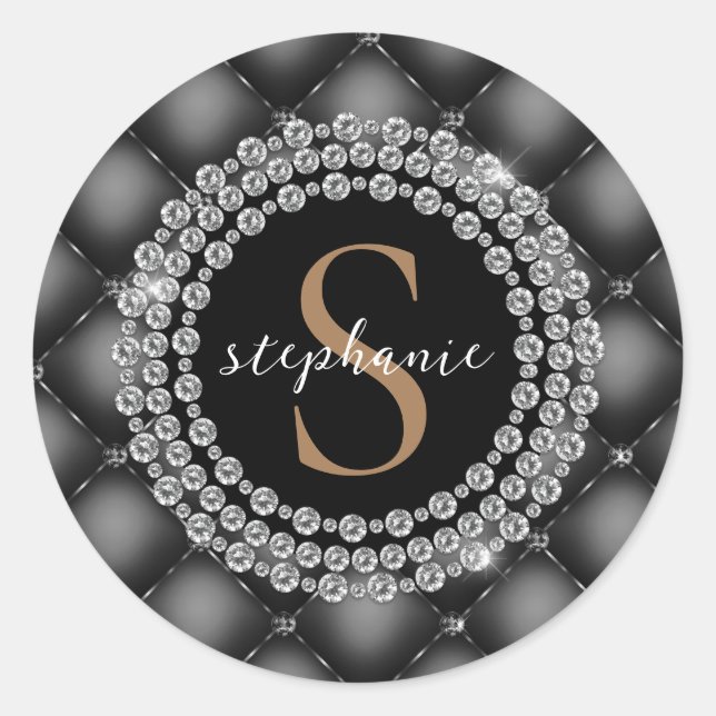 Adesivo Redondo Diamantes negros Monograma Dourado Elegante Lúxo t (Frente)