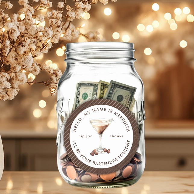 Adesivo Redondo Dica de Jar para Martini de Espresso do Barman (Bartender Espresso Martini Cocktail Theme Elegant Stripes Personalized Tip Jar)