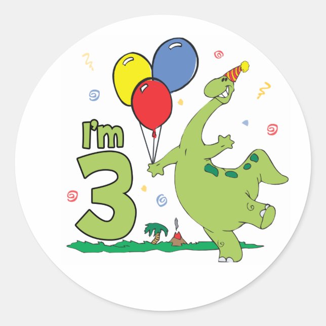 Adesivo Redondo Dino aniversário de 3 anos Classic Round Sticker (Frente)