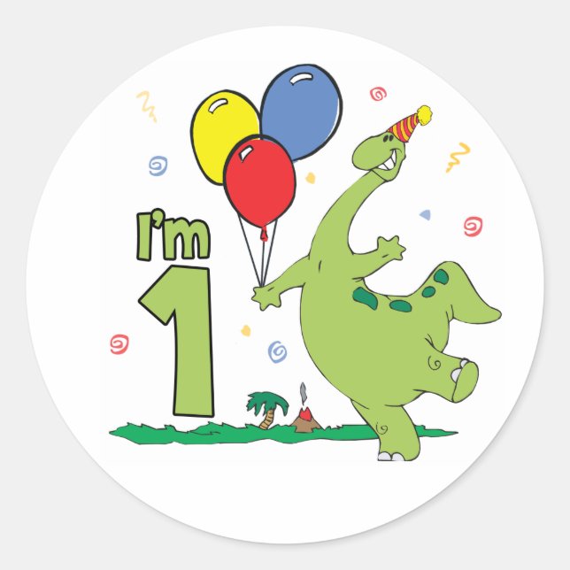 Adesivo Redondo Dino First Birthday ClassRound Sticker (Frente)