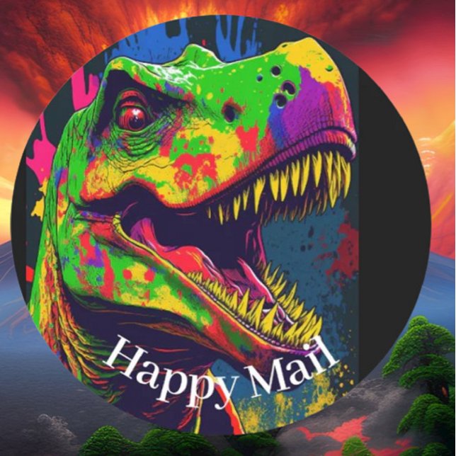 Adesivo Redondo Dino Happy T- Rex Happy Mail (Bring your dream party to life with our selection of quality Dinosaur themed party supplies )