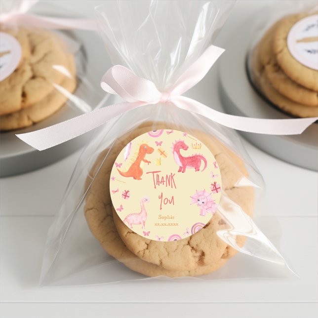 Adesivo Redondo Dino-mite, obrigado de aniversário de dino rosa (Criador carregado)