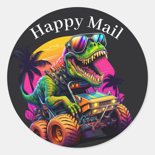 Adesivo Redondo Dino Monster Truck Happy Mail (Frente)
