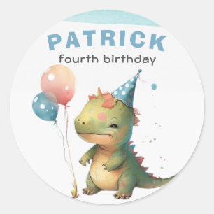 Adesivo Redondo Dino Party Watercolor Boy Blue Birday