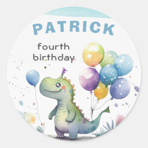 Adesivo Redondo Dino Party Watercolor Boy Blue Birday