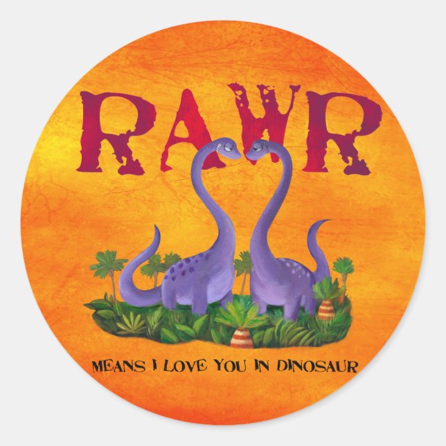 Adesivo Redondo Dinos bonitos e românticos - Rawr (Frente)