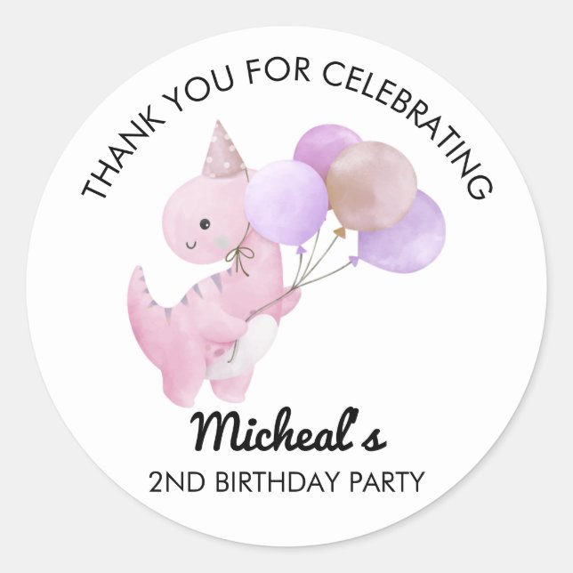 Adesivo Redondo Dinosaur Balloon Birthday Party Sticker (Frente)