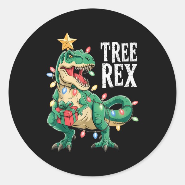 Adesivo Redondo Dinosaur Christmas Tree Rex Pajamas Men Boys Xmas  (Frente)