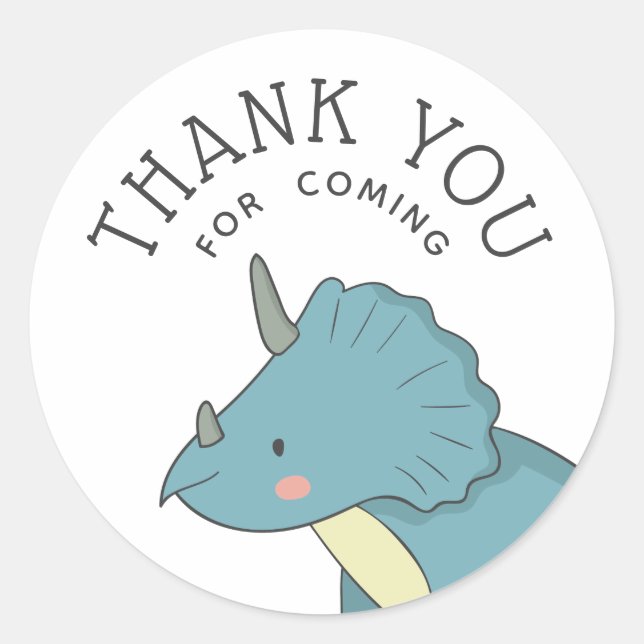 Adesivo Redondo Dinosaur Thank You | Blue Triceratops Party Favor (Frente)