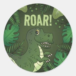 Adesivo Redondo Dinosaurinho T-rex Cartoon Fofo Verde Com Texto Ru