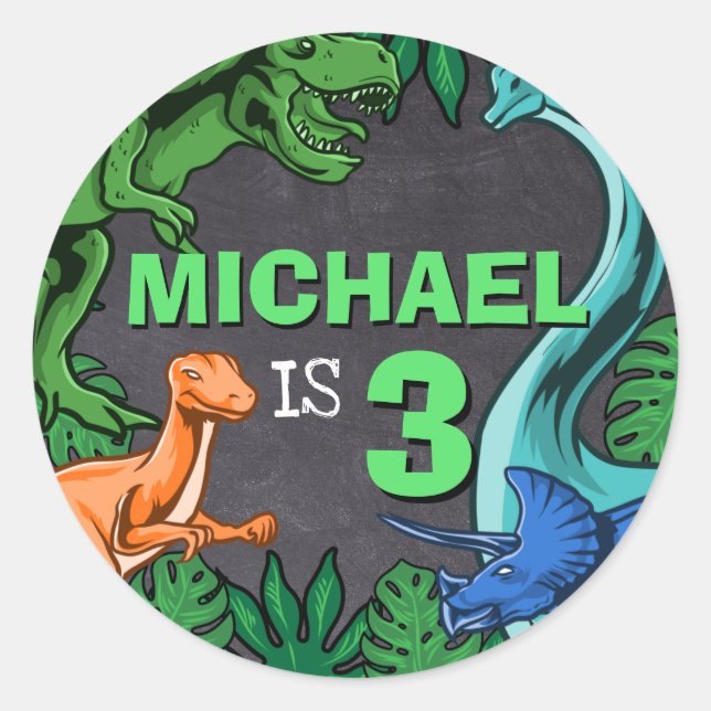 Adesivo Redondo Dinossaur Birthday Dino Trex Meninos Pré-Histórico (Frente)