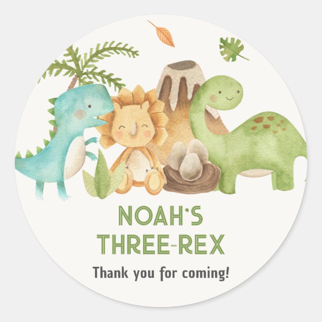 Adesivo Redondo Dinossaur Boy Birthday Favor Stickers Trex (Frente)