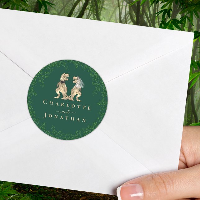 Adesivo Redondo Dinossaur Casado Verde Personalizado (T-Rex dinosaur wedding dark green custom sticker Watercolor eucalyptus foliage dino bride and groom )
