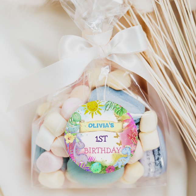 Adesivo Redondo Dinossaur Floral Glitter Baby Girl primeiro aniver (Criador carregado)