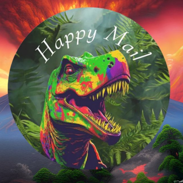 Adesivo Redondo Dinossaur Jurassur Jungle Happy Mail (Bring your dream party to life with our selection of quality Dinosaur themed party supplies )