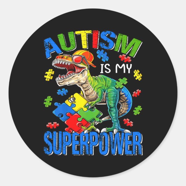 Adesivo Redondo Dinossaur Rex Autism É Meu Superpoder Autismo Awar (Frente)