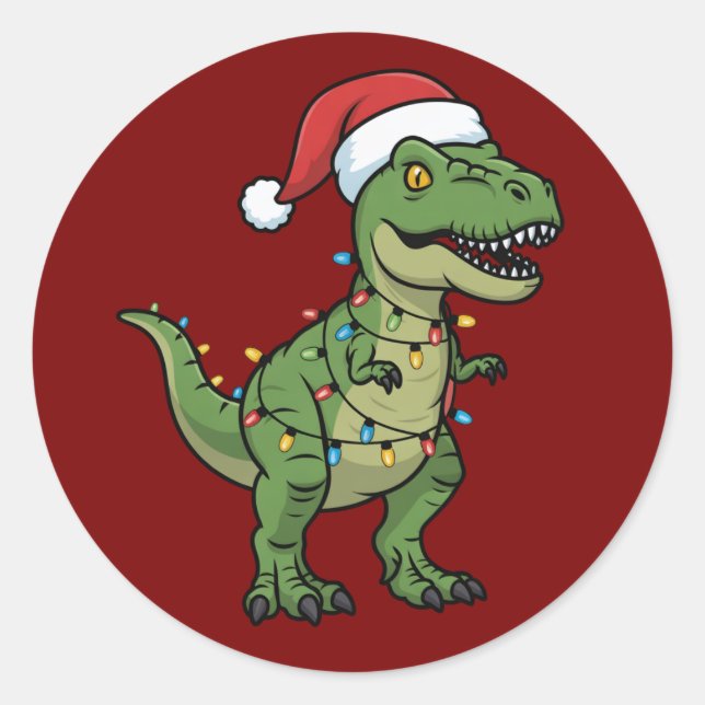 Adesivo Redondo Dinossaur Xmas Luzes Férias Espírito Festivo Dino (Frente)