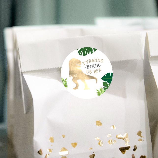 Adesivo Redondo Dinossauro 4ª Festa de Aniversário Dourada Tyranno (Dinosaur 4th Birthday Party Gold Tyrannosaurus Rex Classic Round Sticker
)