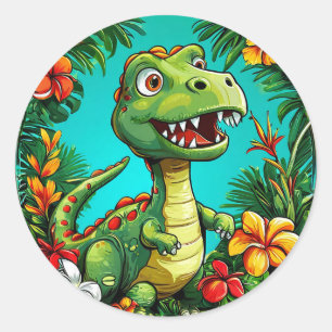 Adesivo Redondo Dinossauro Adorável Rodeado por Flores Coloridas