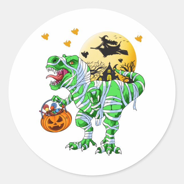 Adesivo Redondo Dinossauro das Halloween T Rex Mummy Pumpkin (Frente)
